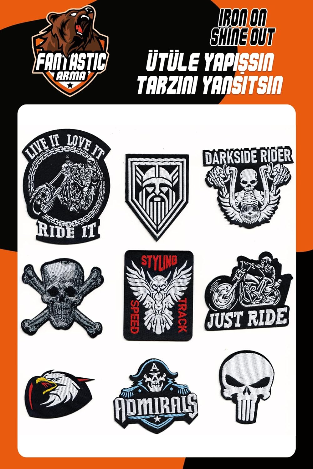 9 Pack Biker & Skull Patches - Iron On Woven Set Veteran Patches