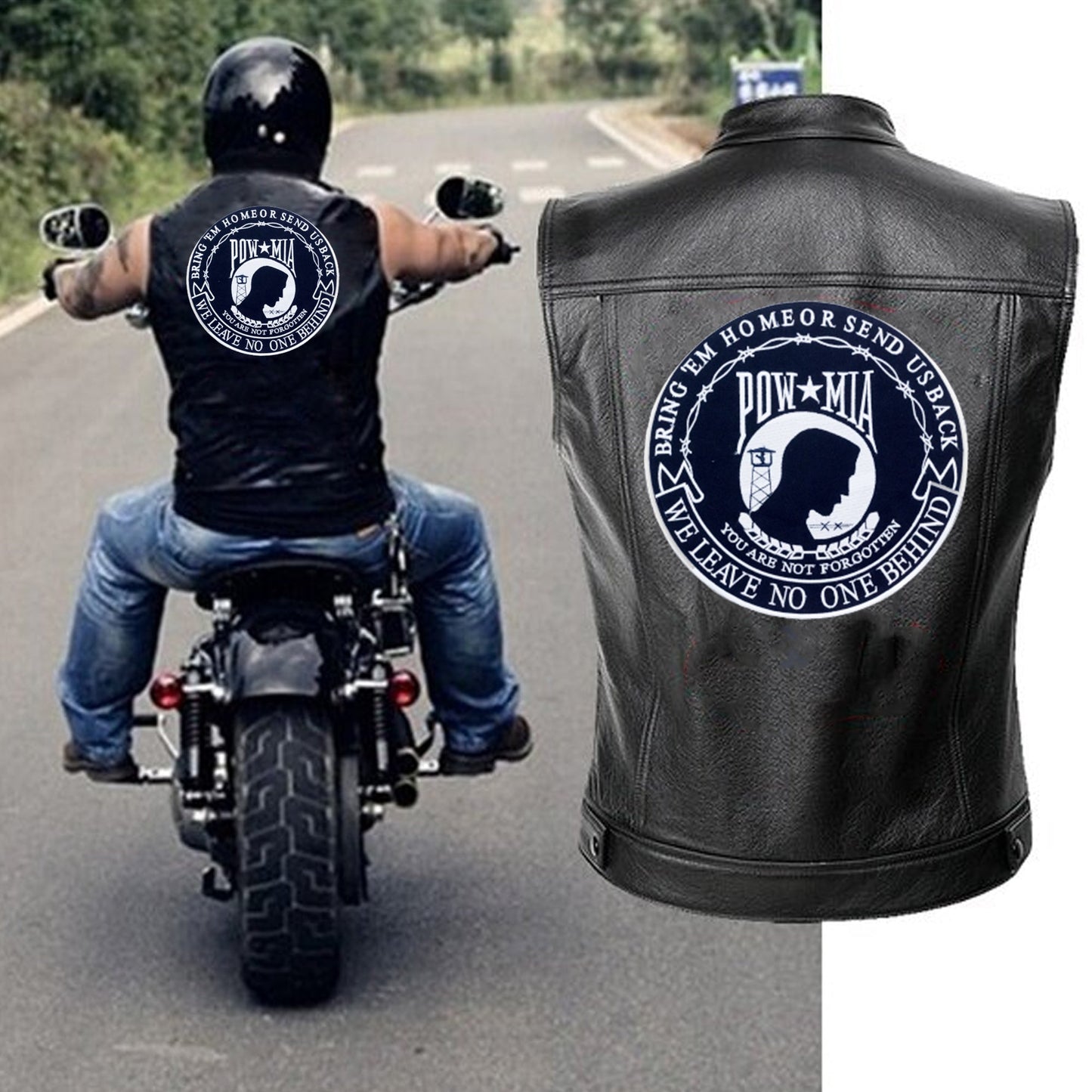 POW MIA we Leave on One Behind Black Round Center Patch - Motorcycle Biker Patch Veteran Patches