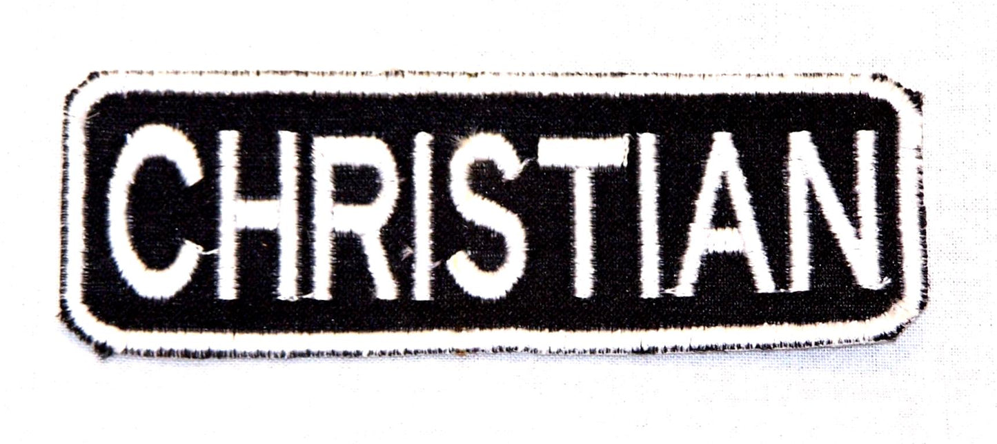 CHRISTAIN Name Tag Patch - White on Black Embroidered Biker Patch Veteran Patches