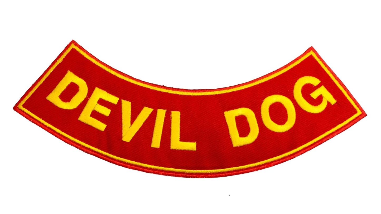 Devil Dog Yellow on Red Rocker Patch - Embroidered Biker Patch for Vest Veteran Patches