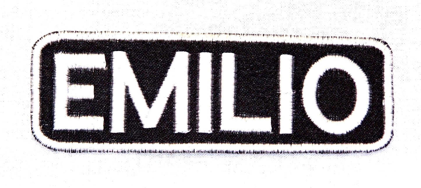 Emilio Name Tag Patch - White on Black Embroidered Biker Patch Veteran Patches