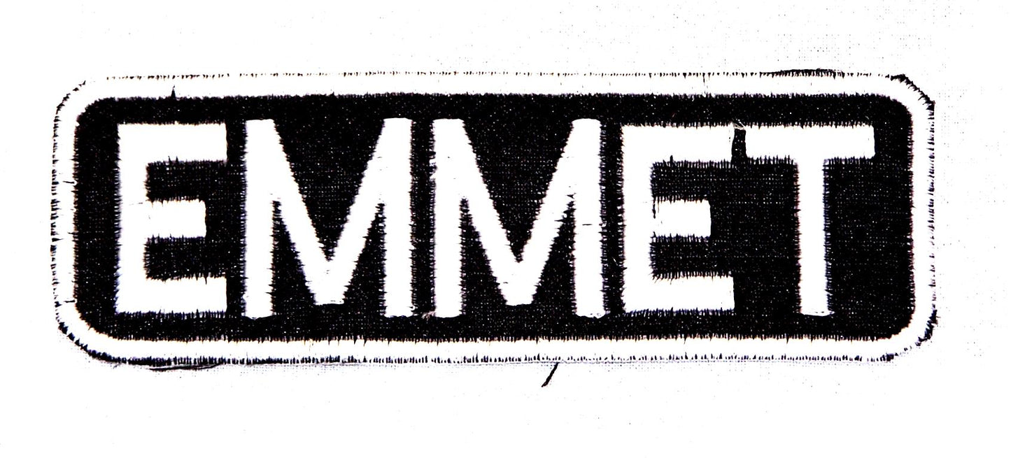 Emmet Name Tag Patch - White on Black Embroidered Biker Patch Veteran Patches