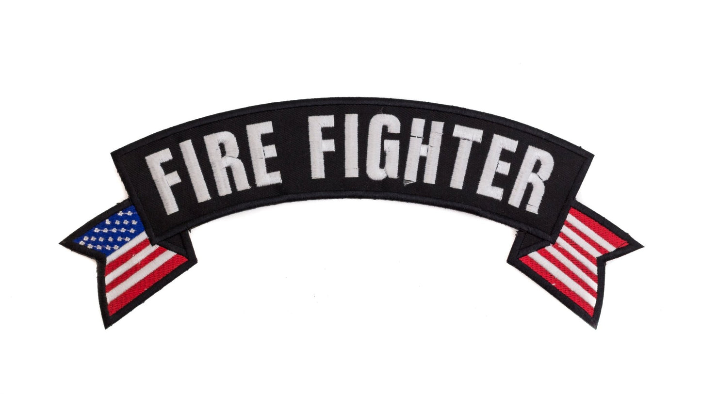 Fire Fighter White Banner Flag Rocker Patch - First Responder Biker Patch Veteran Patches