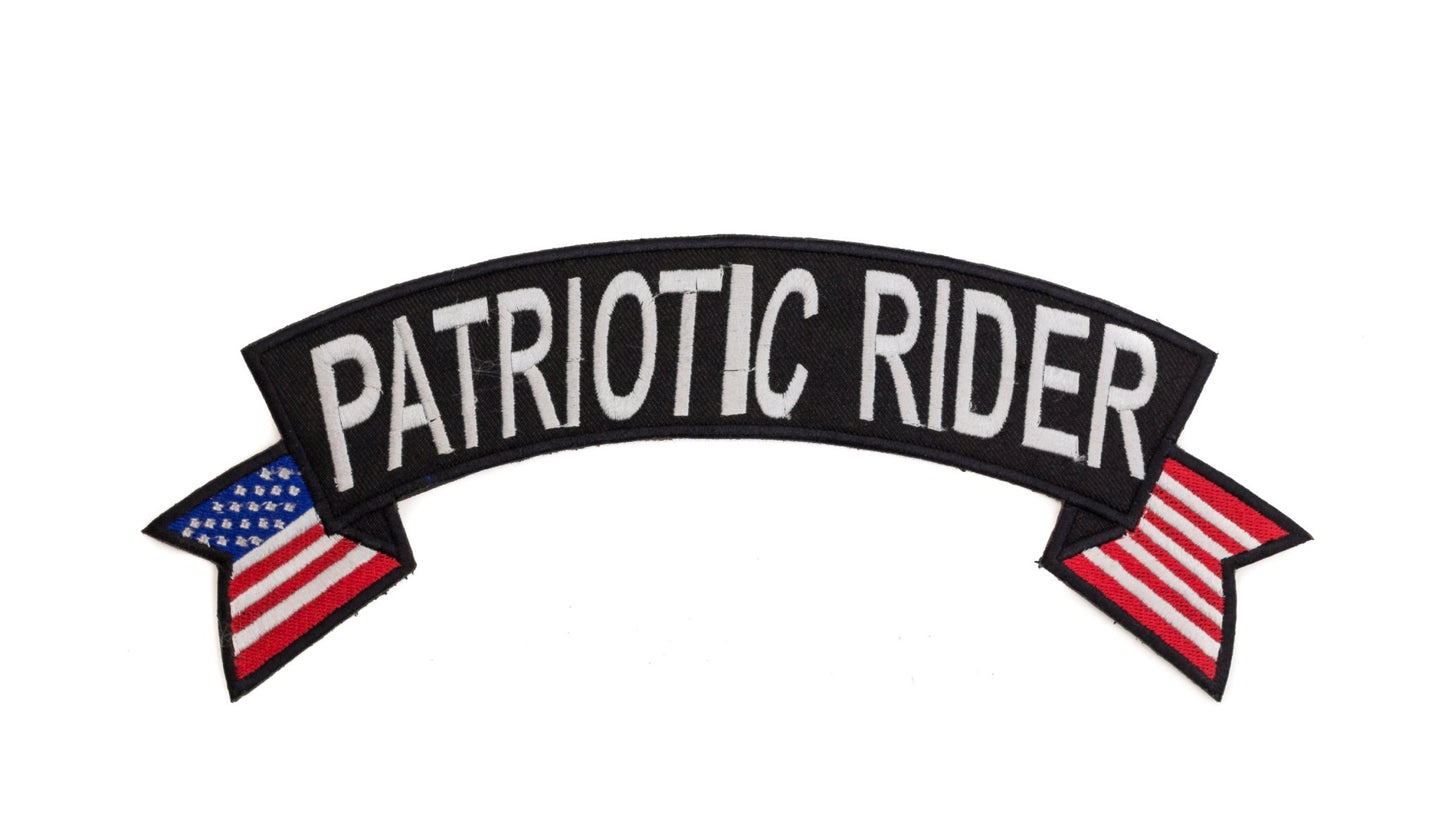 Patriotic Rider White Banner Flag Rocker Patch - Embroidered Biker Patch for Vest Veteran Patches