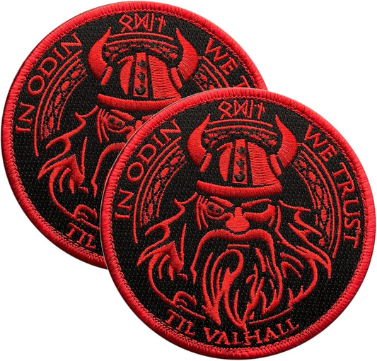 2 Pcs Viking Patches - In Odin We Trust Red Black Veteran Patches