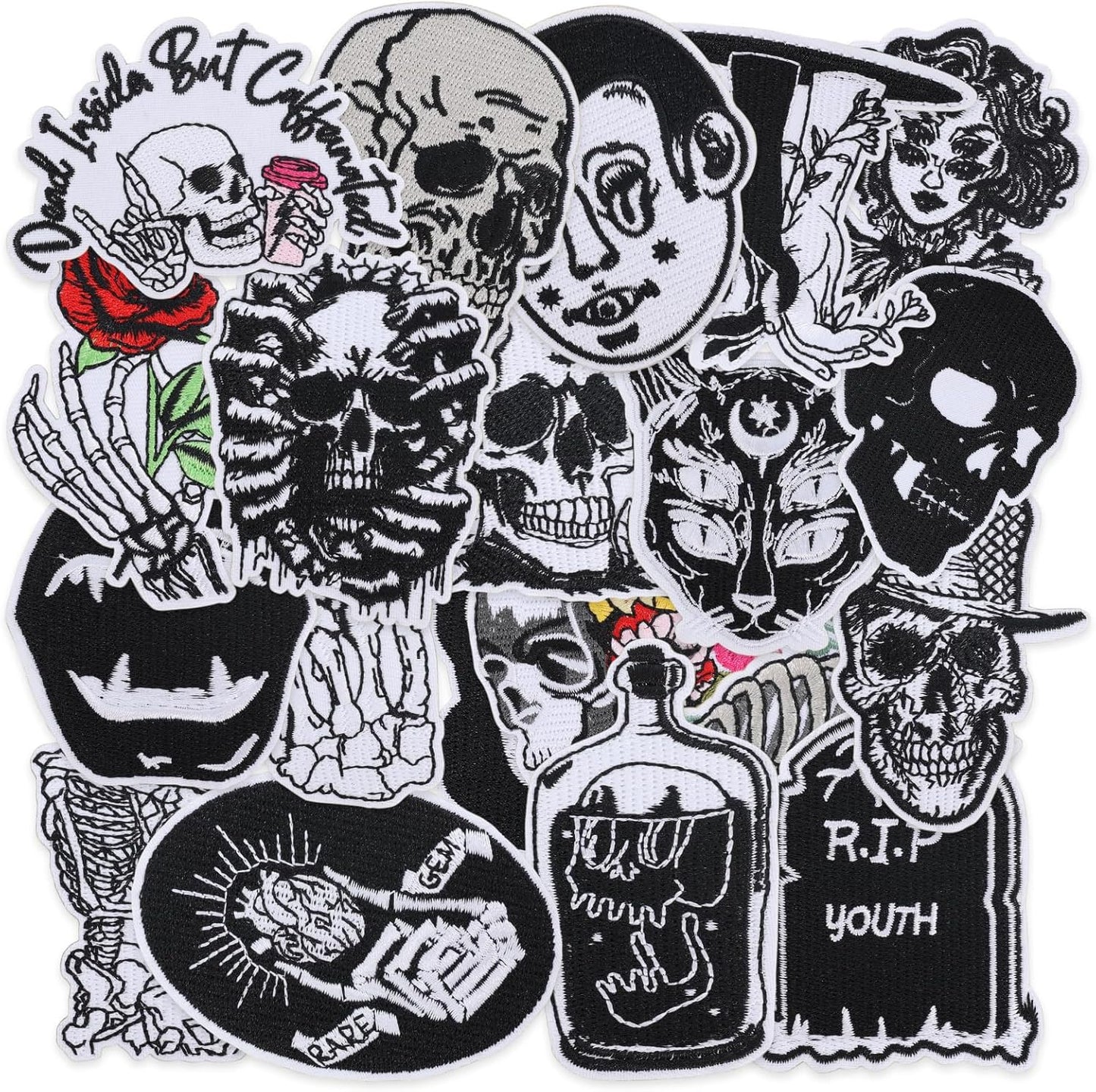 20 Pcs Goth Skull Patches - Punk Embroidered Set Veteran Patches