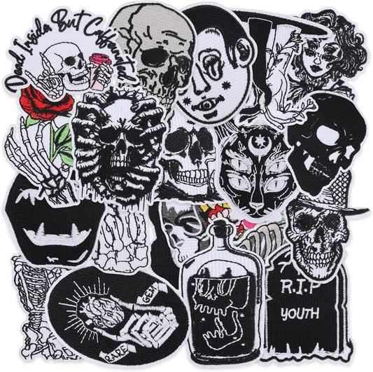 20 Pcs Goth Skull Patches - Punk Embroidered Set Veteran Patches