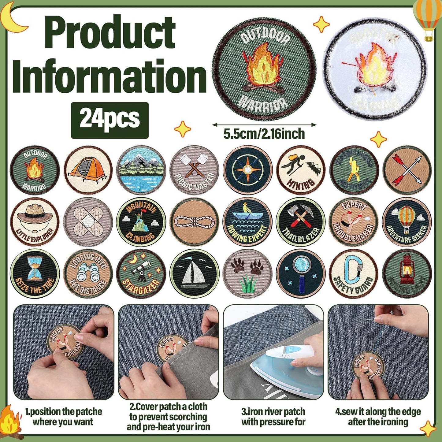 24 Pcs Camping Patches - Adventure Outdoor Hiking Veteran Patches