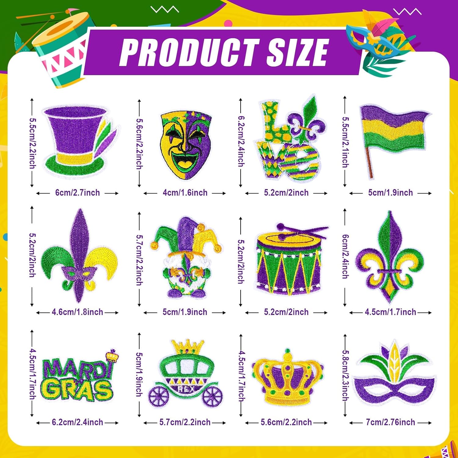 36 Pcs Mardi Gras Iron On Patches - Embroidered Veteran Patches