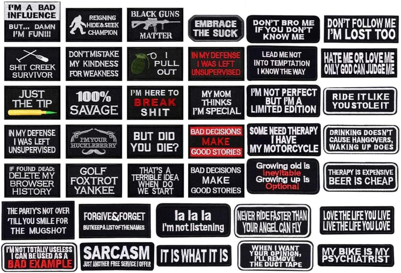 40 Pcs Funny Slogan Patches - Motorcycle Biker Veteran Patches