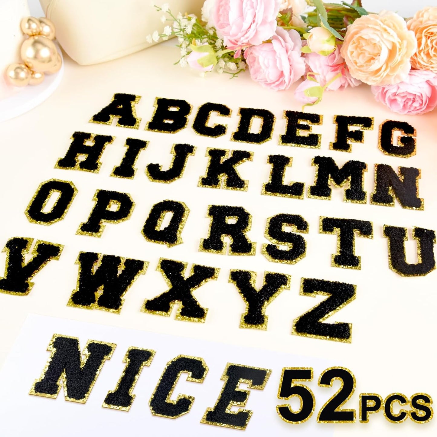 52 Pcs Adhesive Letter Patches - A - Z Chenille Black Veteran Patches