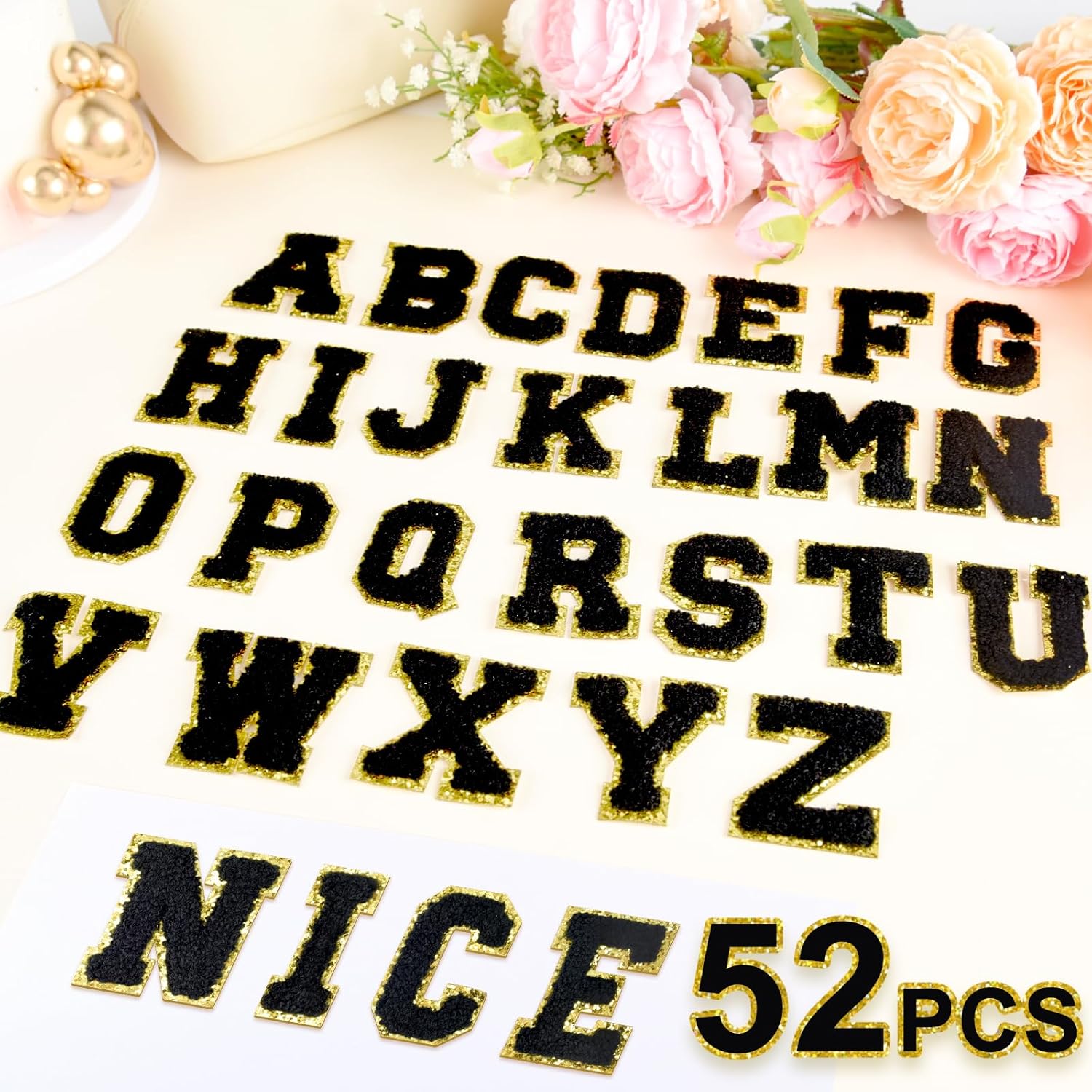 52 Pcs Adhesive Letter Patches - A - Z Chenille Black Veteran Patches