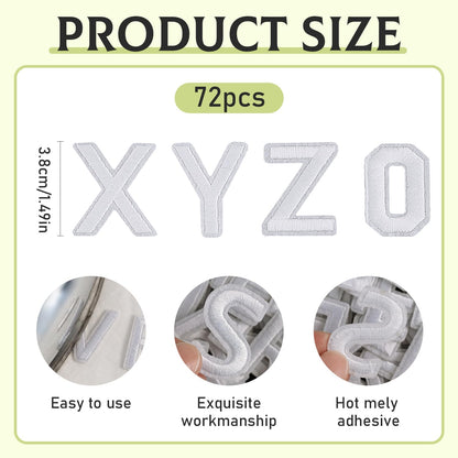 72 Pcs Iron On Letters A - Z & Numbers 0 - 9 - White Veteran Patches