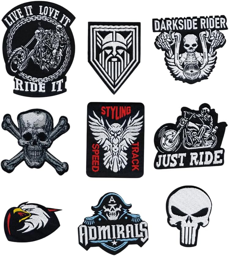 9 Pack Biker & Skull Patches - Iron On Woven Set Veteran Patches