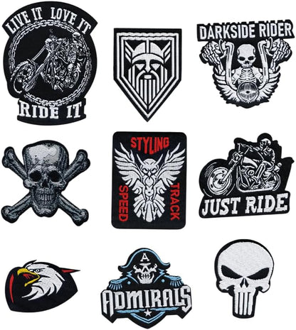 9 Pack Biker & Skull Patches - Iron On Woven Set Veteran Patches