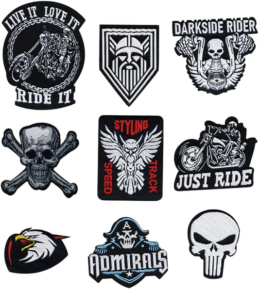 9 Pack Biker & Skull Patches - Iron On Woven Set Veteran Patches