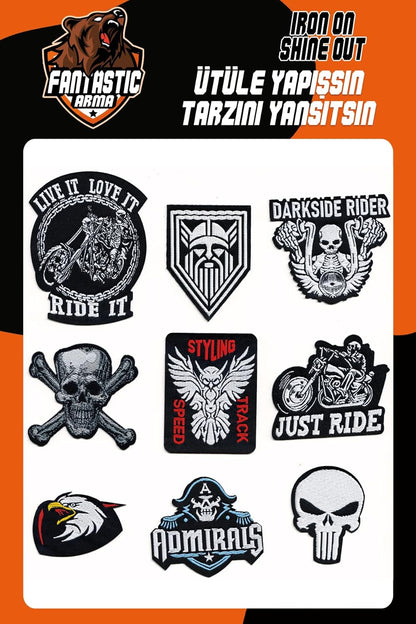9 Pack Biker & Skull Patches - Iron On Woven Set Veteran Patches