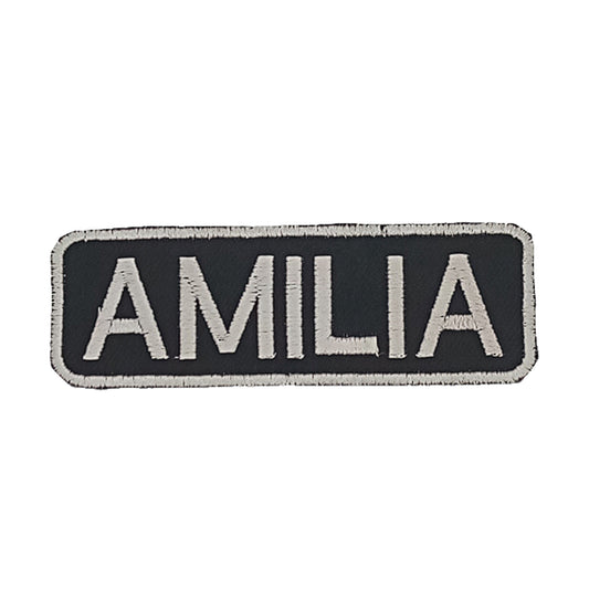 Amilia Name Tag Patch - White on Black Embroidered Biker Patch