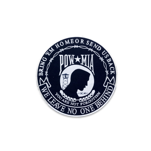 POW MIA Black Round Center Back Patch - Honoring Heroes on Biker Vests. Symbolize remembrance and respect.
