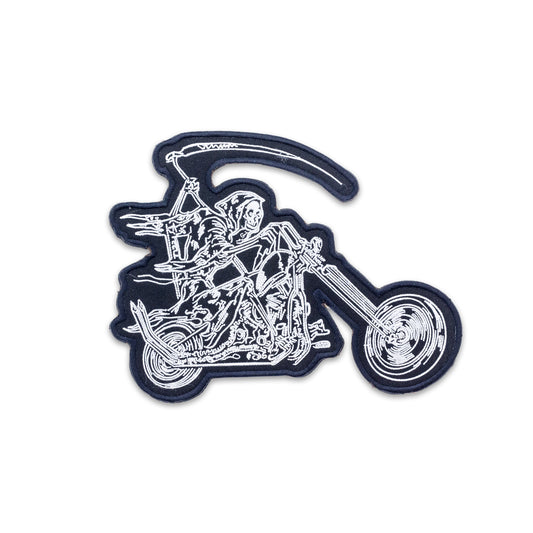 Grim Reaper on Motorcycle Back Patch - Unleash the dark allure on your biker vest with this edgy and iconic design.