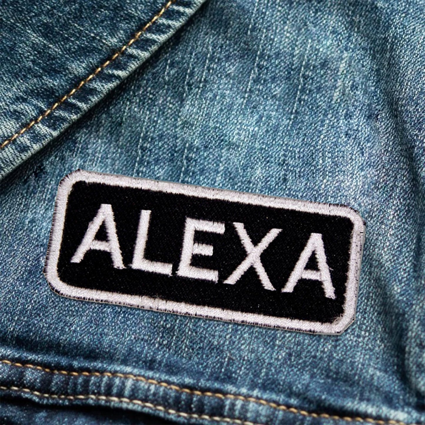 Alexa Name Tag Patch - White on Black Embroidered Biker Patch Veteran Patches
