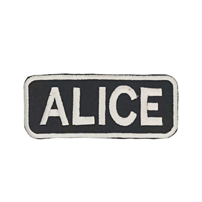 Alice Name Tag Patch - White on Black Embroidered Biker Patch Veteran Patches