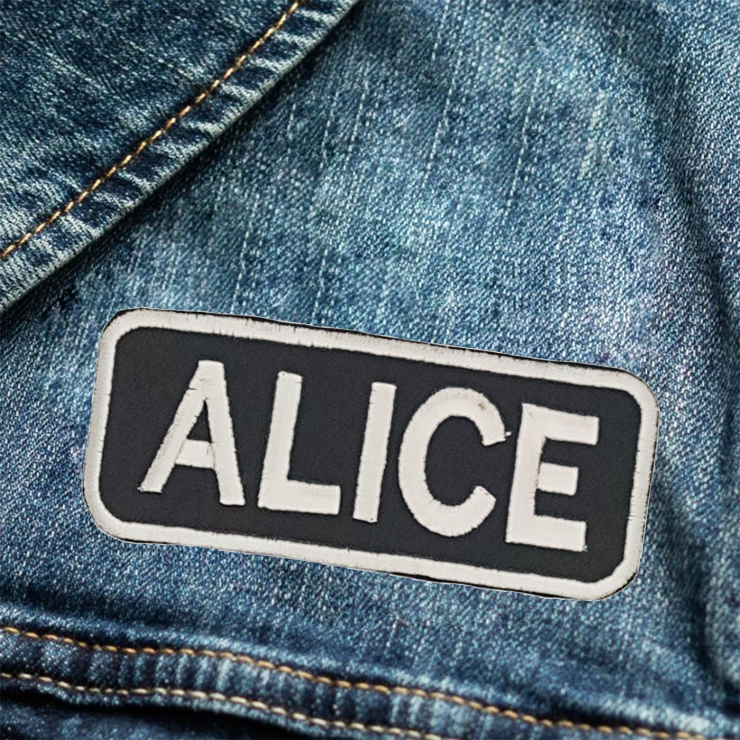 Alice Name Tag Patch - White on Black Embroidered Biker Patch Veteran Patches