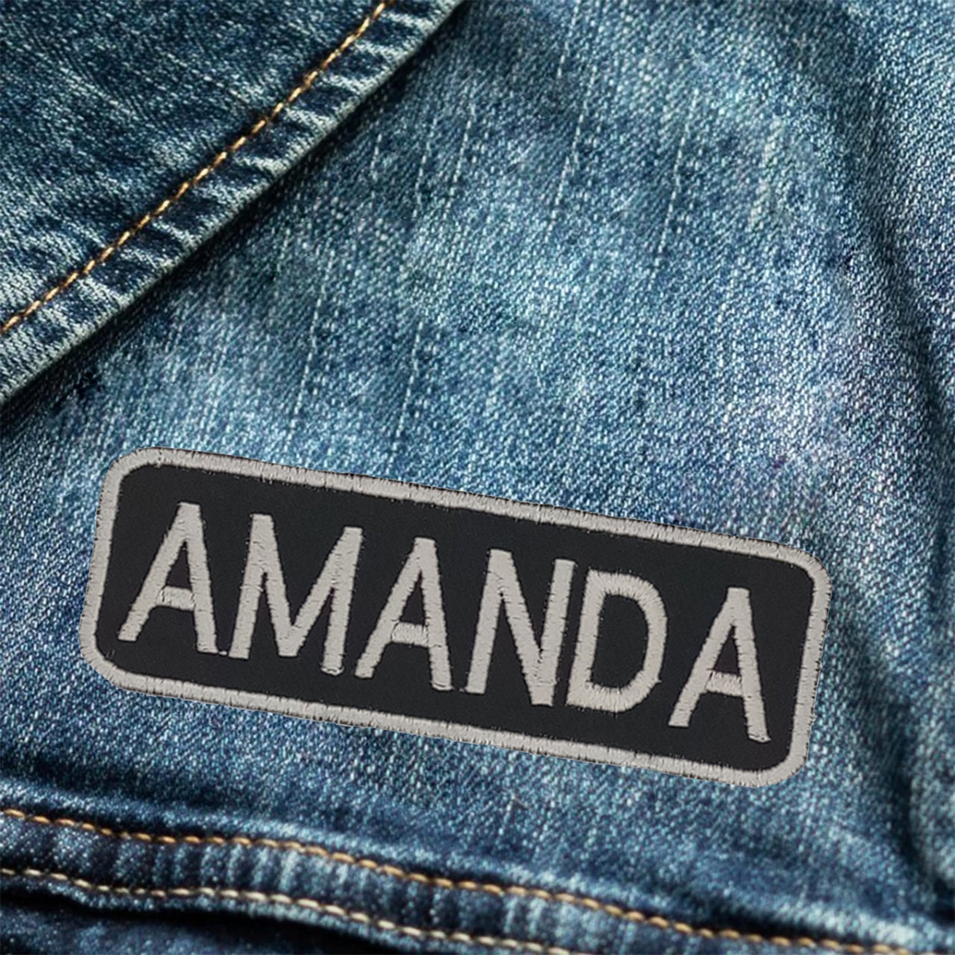 Amanda Name Tag Patch - White on Black Embroidered Biker Patch Veteran Patches