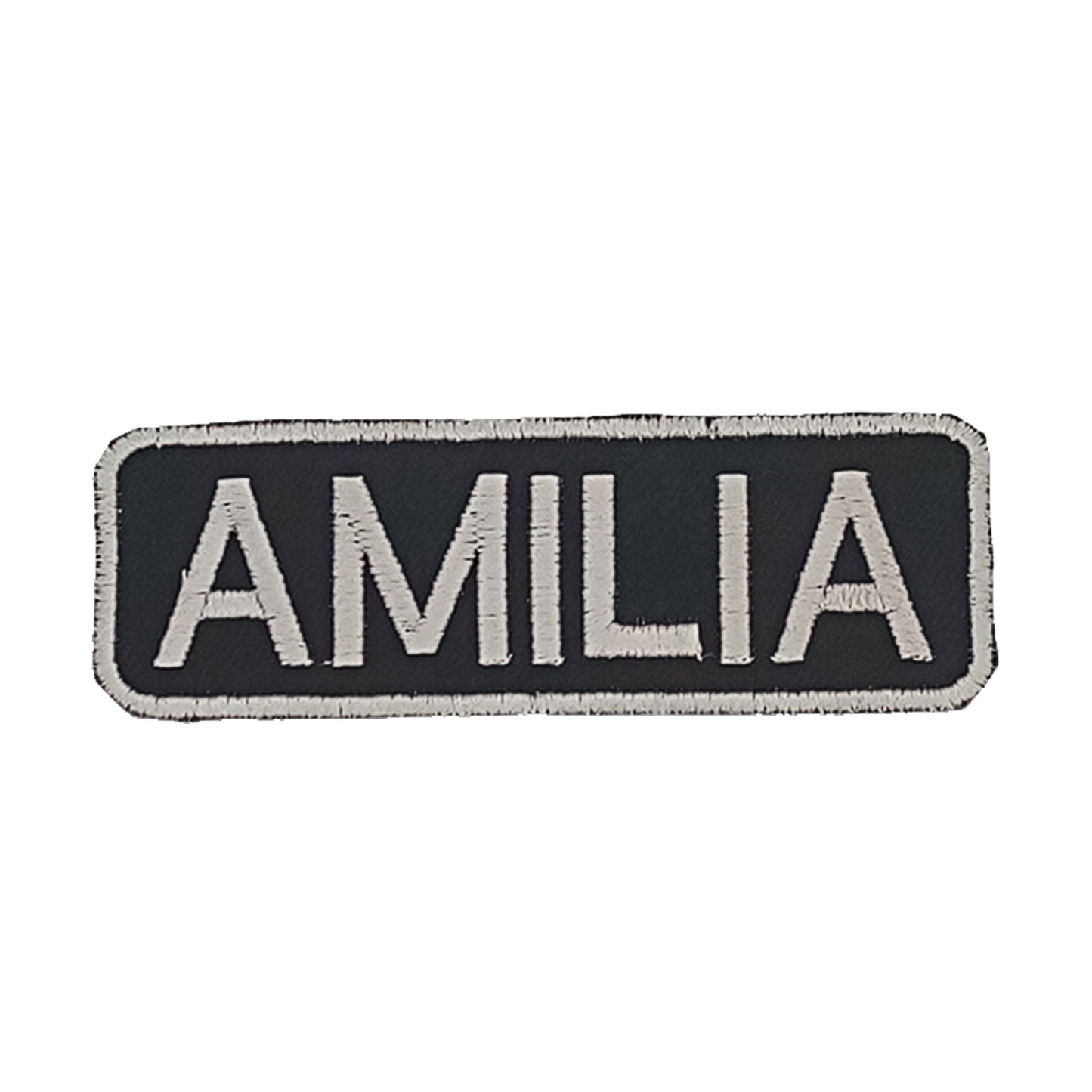 Amilia Name Tag Patch - White on Black Embroidered Biker Patch Veteran Patches