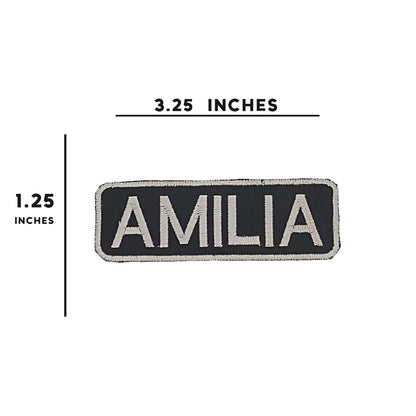 Amilia Name Tag Patch - White on Black Embroidered Biker Patch Veteran Patches