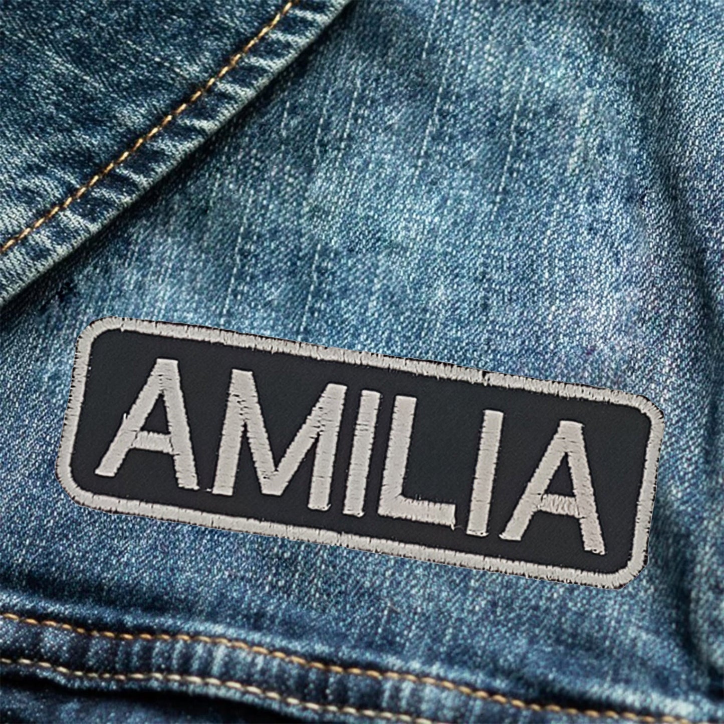 Amilia Name Tag Patch - White on Black Embroidered Biker Patch Veteran Patches