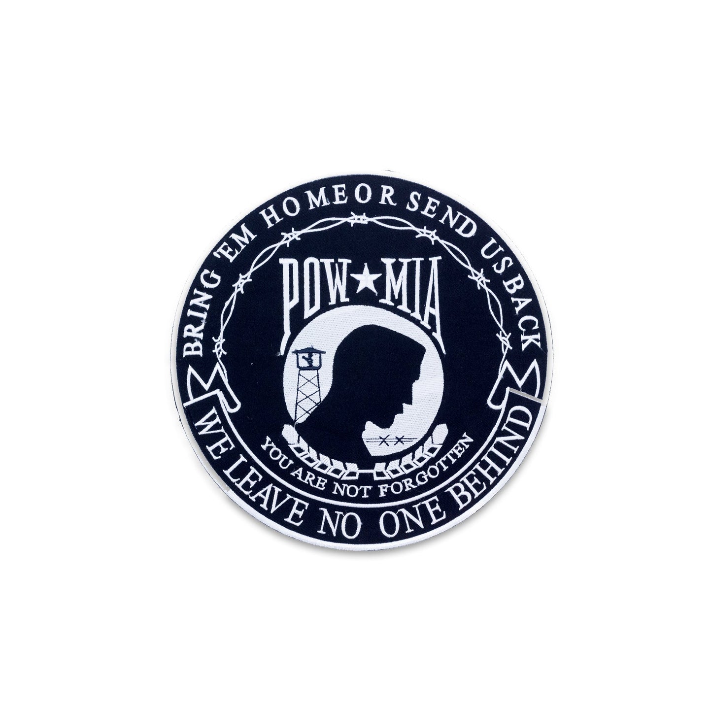 POW MIA we Leave on One Behind Black Round Center Patch - Motorcycle Biker Patch Veteran Patches