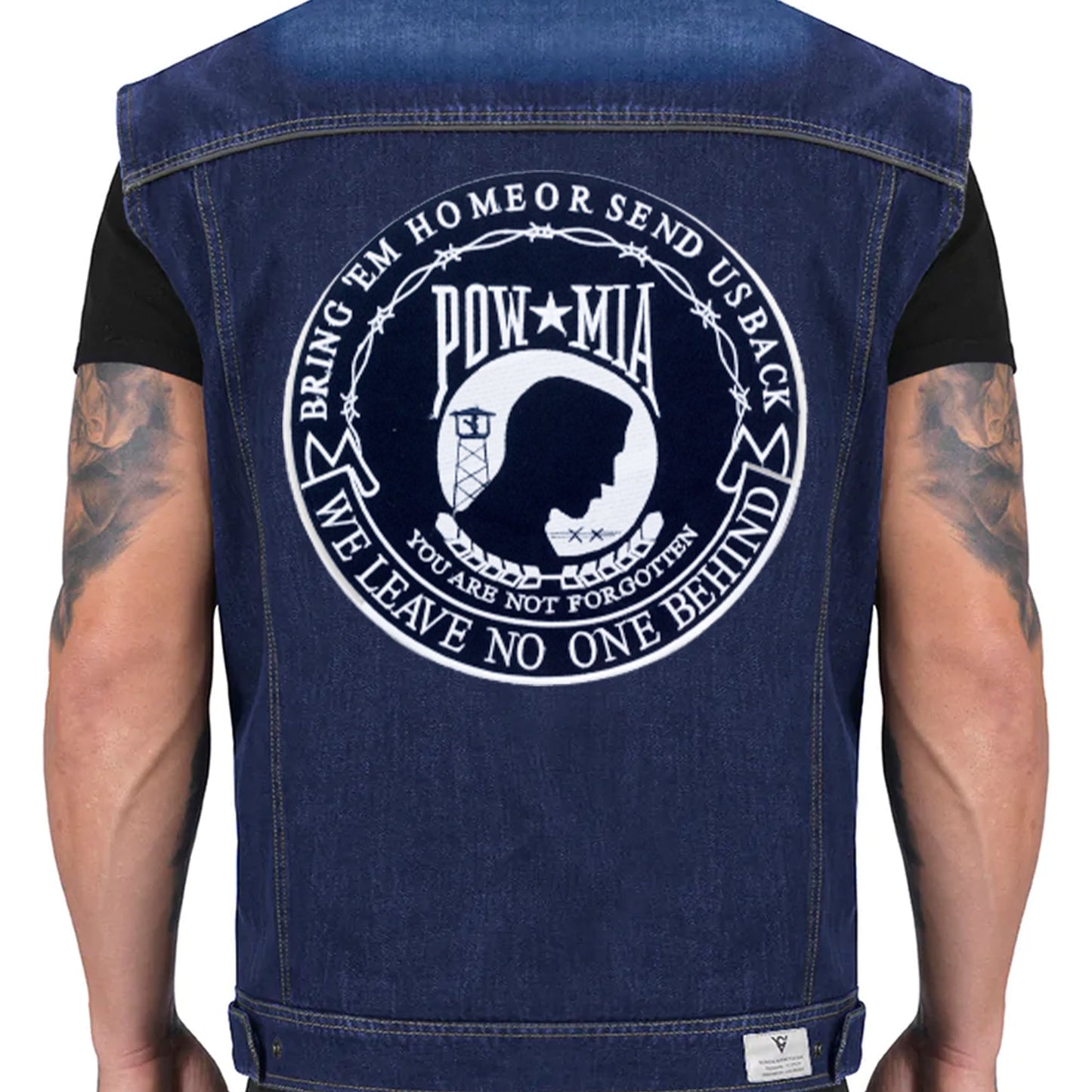 POW MIA we Leave on One Behind Black Round Center Patch - Motorcycle Biker Patch Veteran Patches