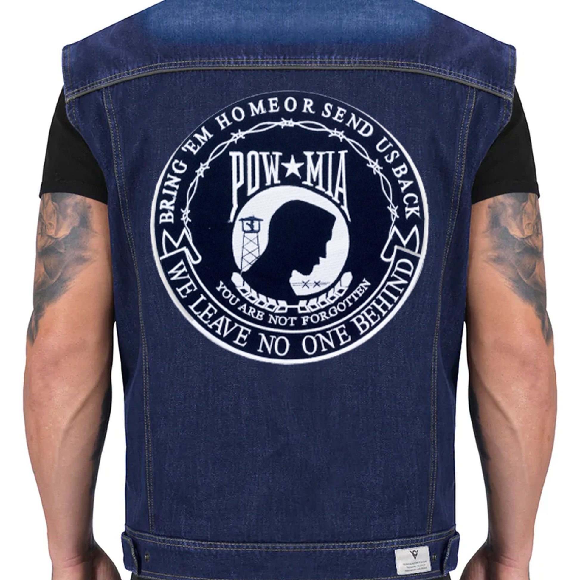 POW MIA we Leave on One Behind Black Round Center Patch - Motorcycle Biker Patch Veteran Patches