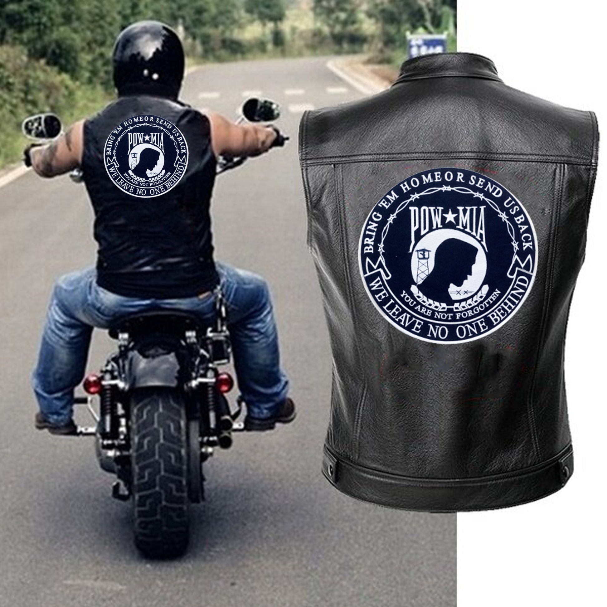POW MIA we Leave on One Behind Black Round Center Patch - Motorcycle Biker Patch Veteran Patches