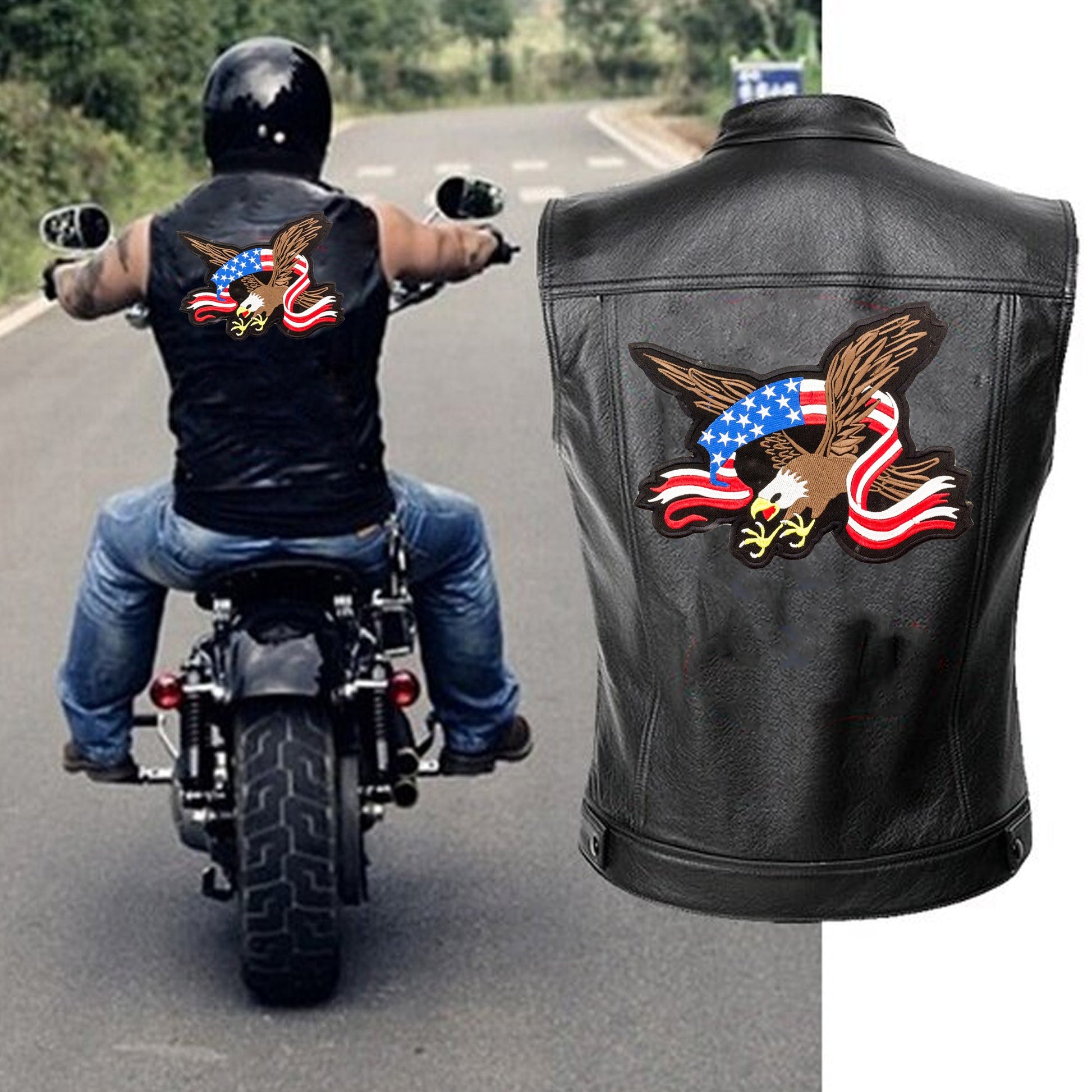 US Flag Banner Screaming Eagle Center Patch - Motorcycle Biker Patch Veteran Patches