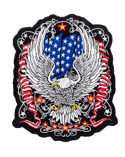 US flag flying eagle biker vest patch - patriotic design for bikers.