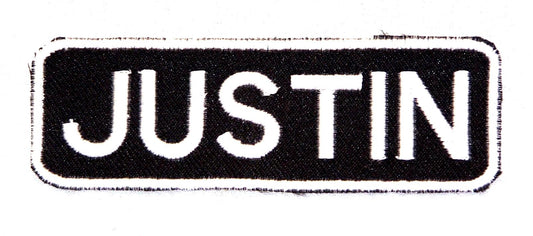 Justin Name Tag Patch - White on Black Embroidered Biker Patch