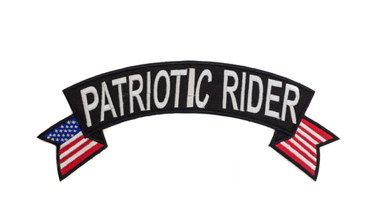 Patriotic Rider White Banner Flag Rocker Patch - Embroidered Biker Patch for Vest