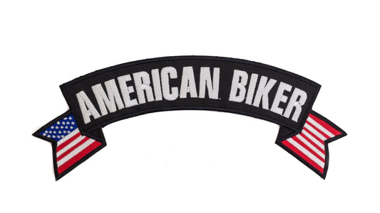 American Biker White Banner Flag Rocker Patch - Embroidered Biker Patch for Vest Veteran Patches