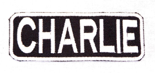 CHARLIE Name Tag Patch - White on Black Embroidered Biker Patch Veteran Patches