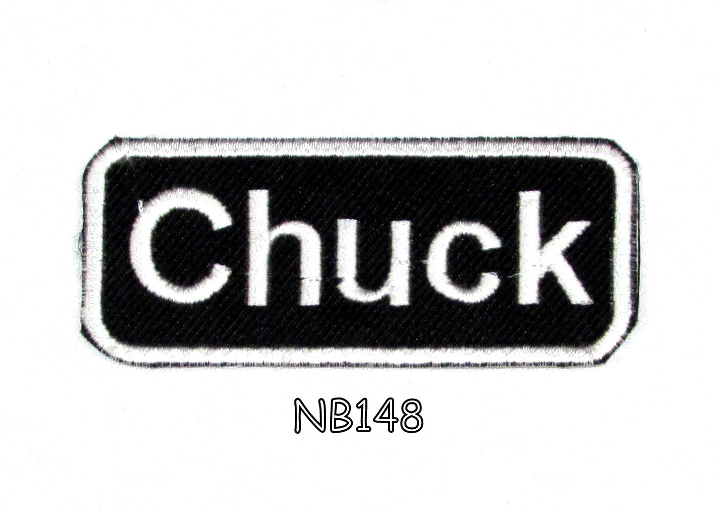 Chuck Name Tag Patch - White on Black Embroidered Biker Patch Veteran Patches