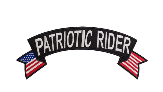 Patriotic Rider White Banner Flag Rocker Patch - Embroidered Biker Patch for Vest Veteran Patches